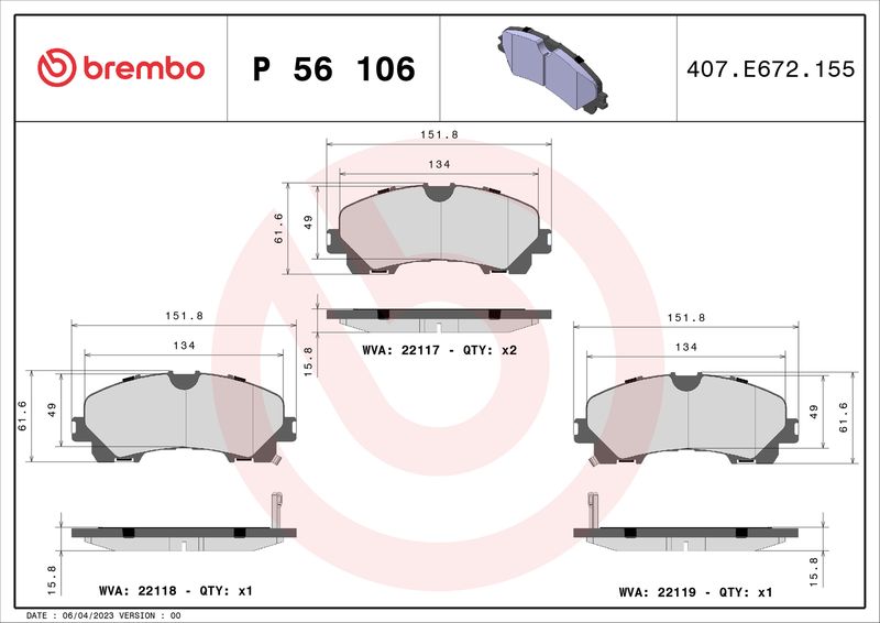 Комплект тормозных колодок, дисковый тормоз BREMBO P56106