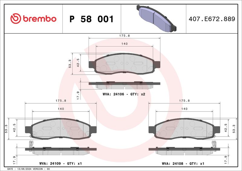 Комплект тормозных колодок, дисковый тормоз BREMBO P58001