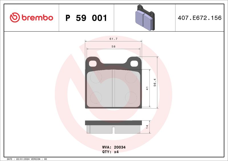 Комплект тормозных колодок, дисковый тормоз BREMBO P59001