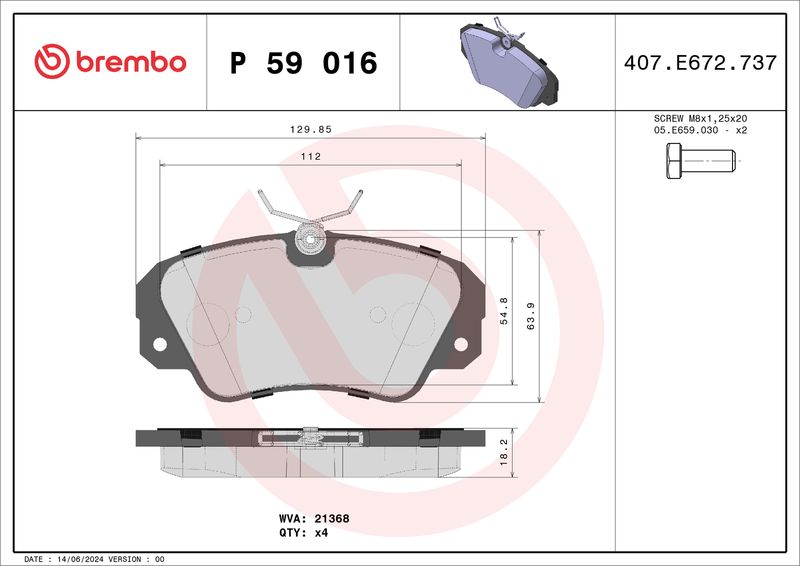 Комплект тормозных колодок, дисковый тормоз BREMBO P59016