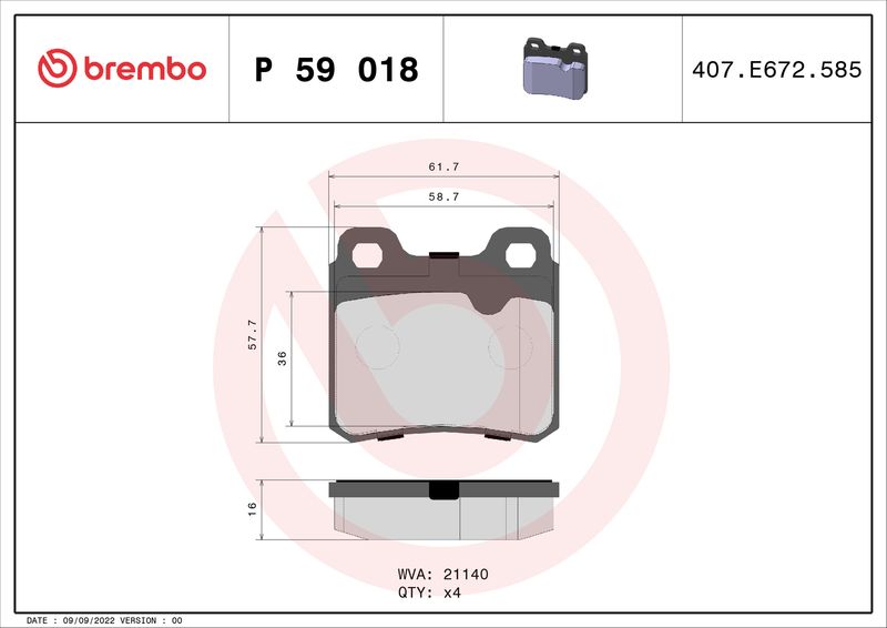 Комплект тормозных колодок, дисковый тормоз BREMBO P59018
