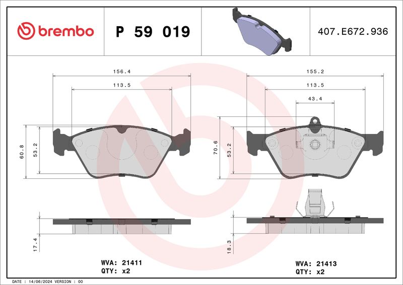 Комплект тормозных колодок, дисковый тормоз BREMBO P59019