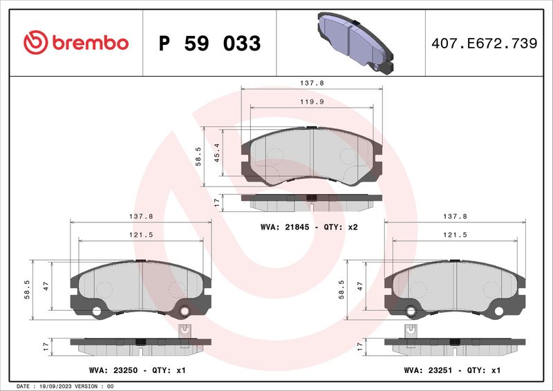 Комплект тормозных колодок, дисковый тормоз BREMBO P59033