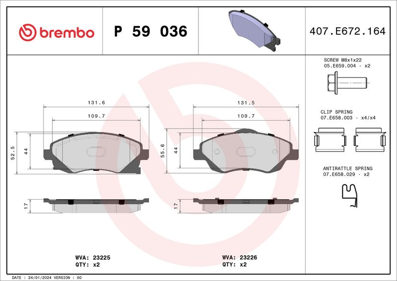 Комплект тормозных колодок, дисковый тормоз BREMBO P59036