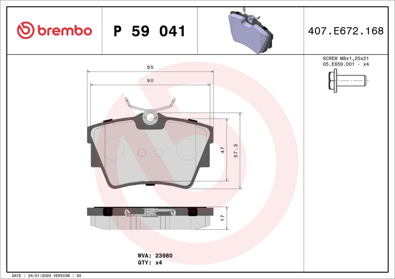 Комплект тормозных колодок, дисковый тормоз BREMBO P59041