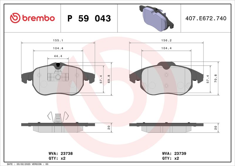 Комплект тормозных колодок, дисковый тормоз BREMBO P59043