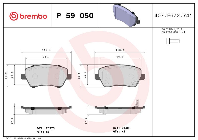 Комплект тормозных колодок, дисковый тормоз BREMBO P59050