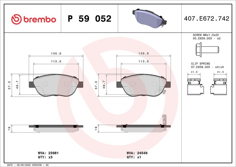 Комплект тормозных колодок, дисковый тормоз BREMBO P59052