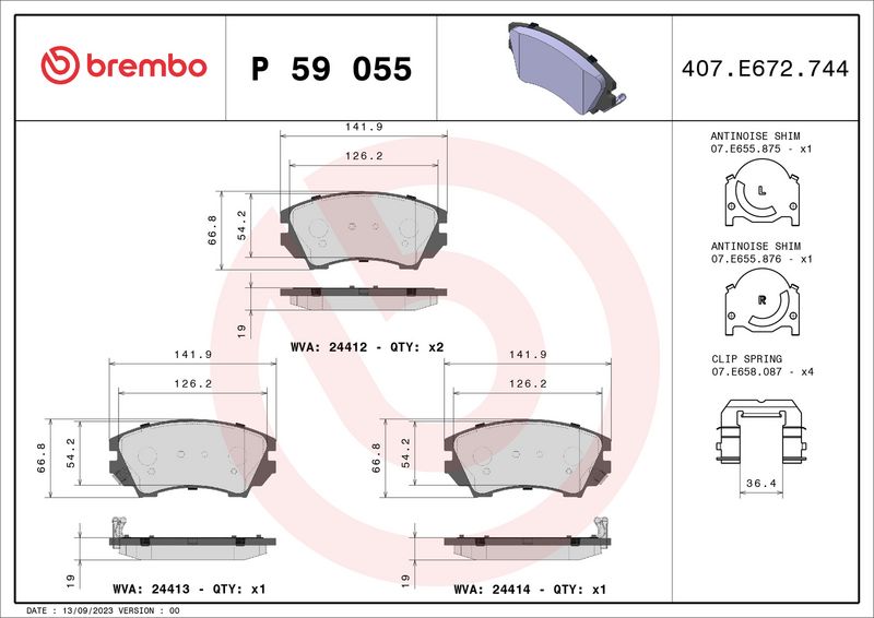 Комплект тормозных колодок, дисковый тормоз BREMBO P59055