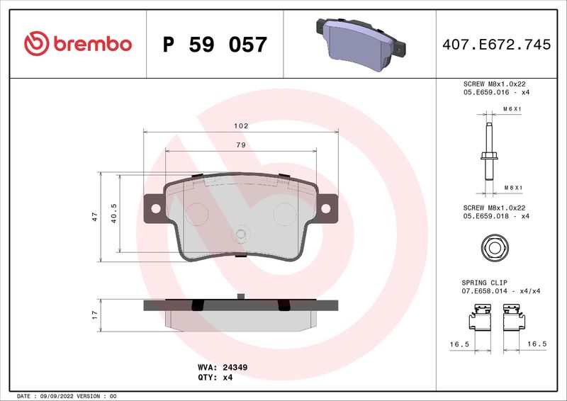 Комплект тормозных колодок, дисковый тормоз BREMBO P59057