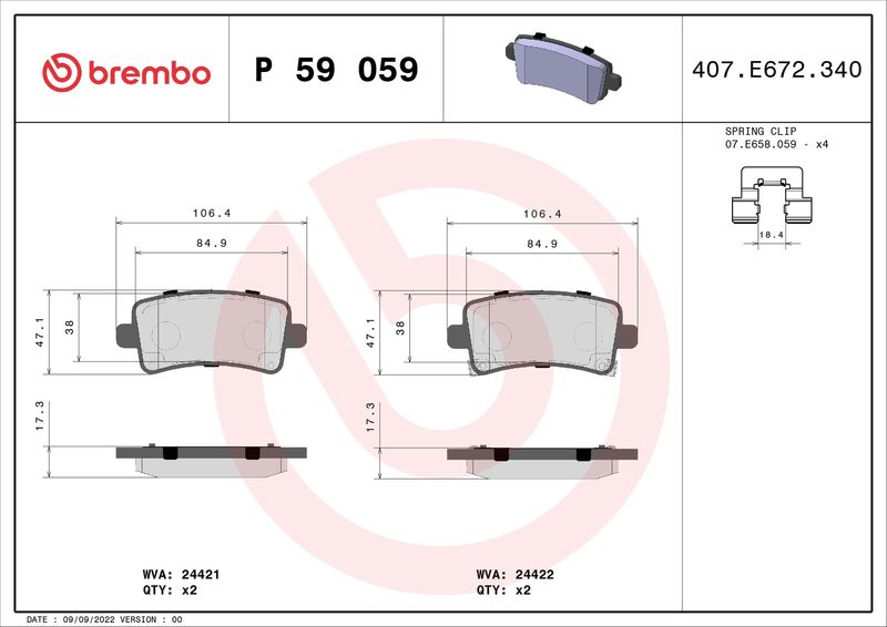 Комплект тормозных колодок, дисковый тормоз BREMBO P59059