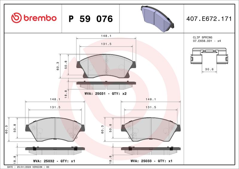 Комплект тормозных колодок, дисковый тормоз BREMBO P59076