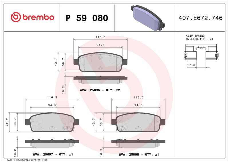 Комплект тормозных колодок, дисковый тормоз BREMBO P59080