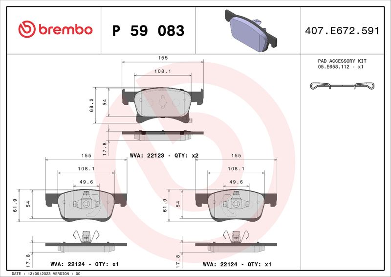 Комплект тормозных колодок, дисковый тормоз BREMBO P59083