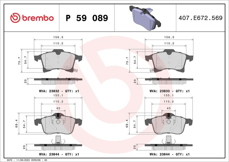 Комплект тормозных колодок, дисковый тормоз BREMBO P59089
