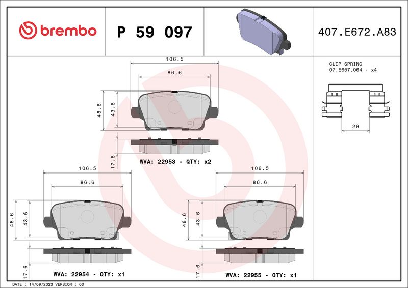 Комплект тормозных колодок, дисковый тормоз BREMBO P59097