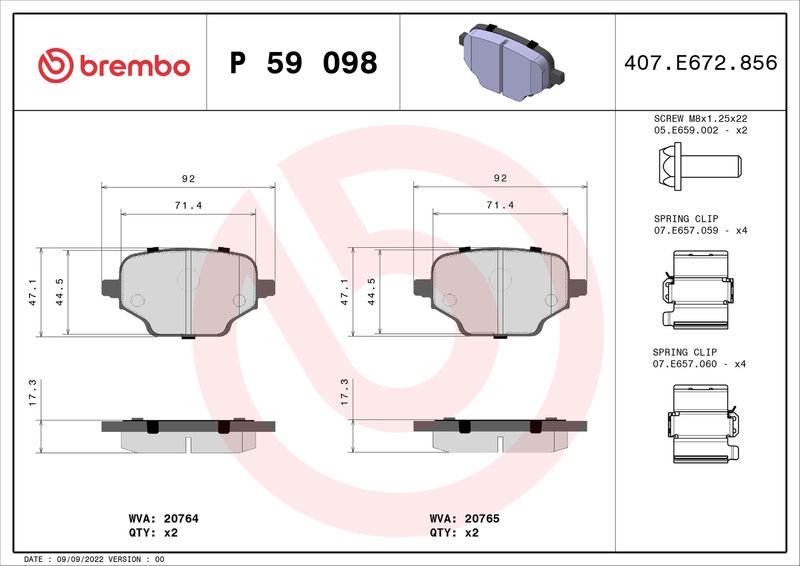 Комплект тормозных колодок, дисковый тормоз BREMBO P59098