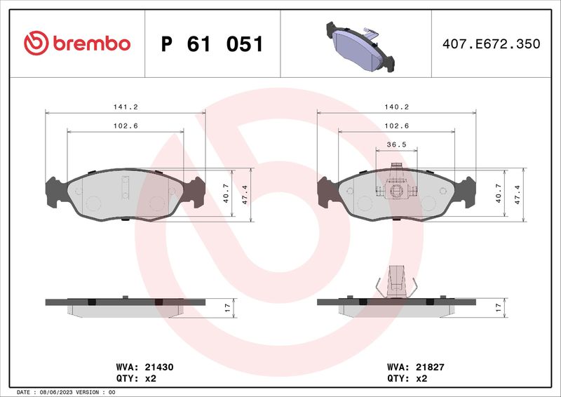 Комплект тормозных колодок, дисковый тормоз BREMBO P61051