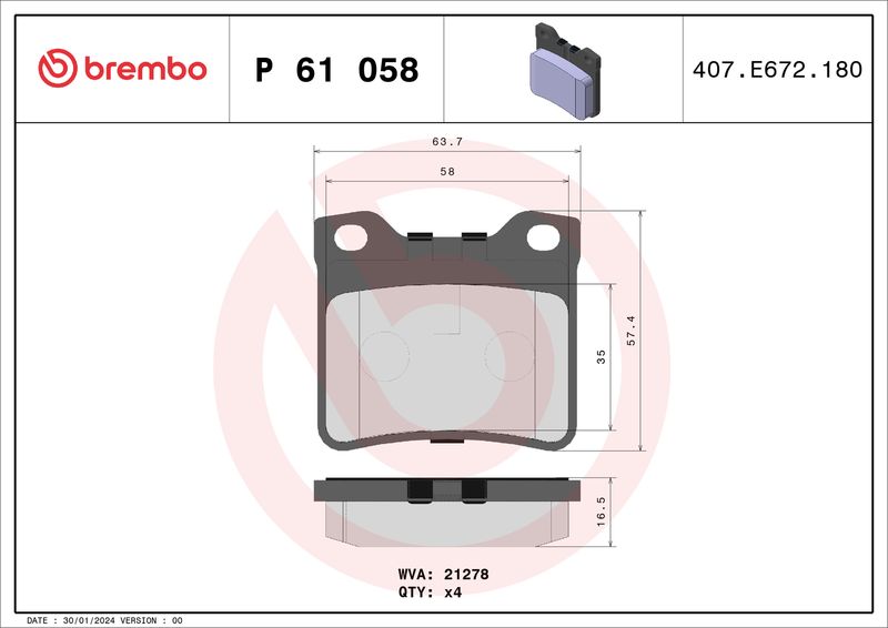 Комплект тормозных колодок, дисковый тормоз BREMBO P61058