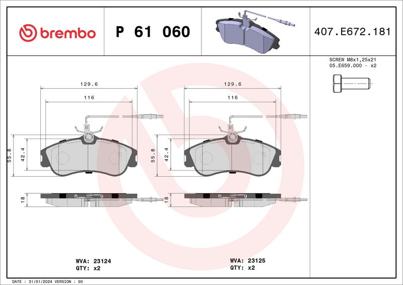 Комплект тормозных колодок, дисковый тормоз BREMBO P61060