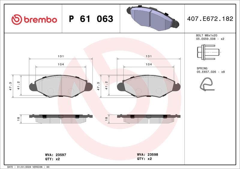 Комплект тормозных колодок, дисковый тормоз BREMBO P61063