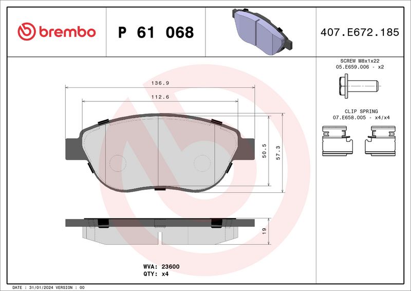 Комплект тормозных колодок, дисковый тормоз BREMBO P61068