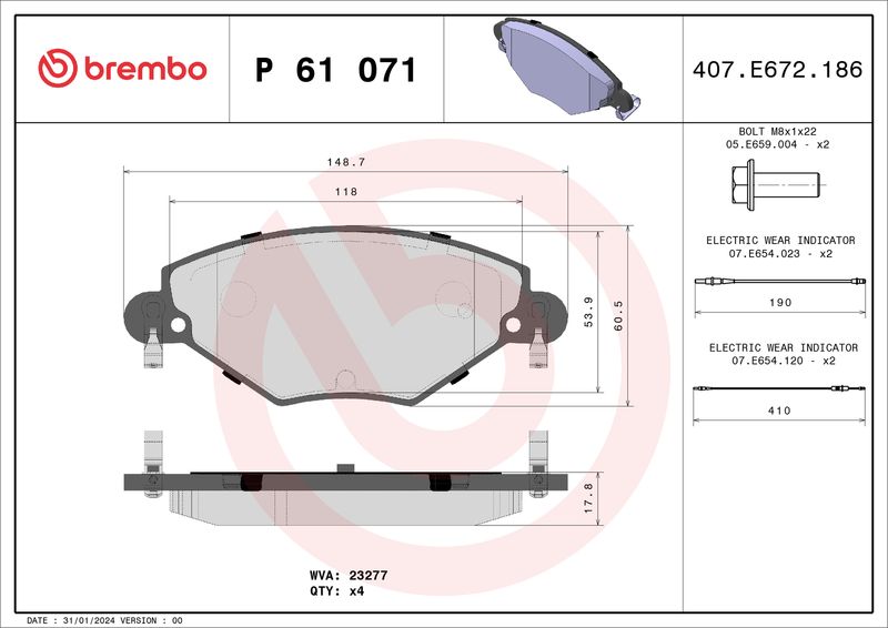 Комплект тормозных колодок, дисковый тормоз BREMBO P61071