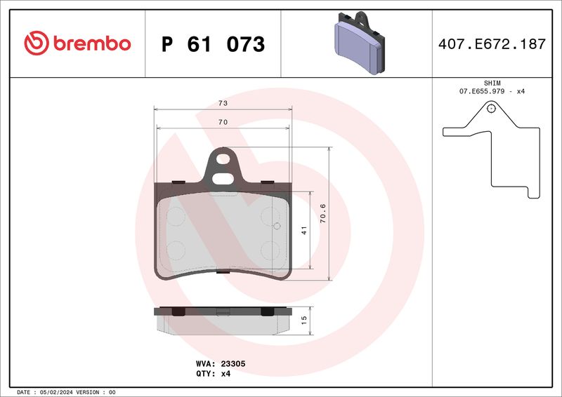 Комплект тормозных колодок, дисковый тормоз BREMBO P61073