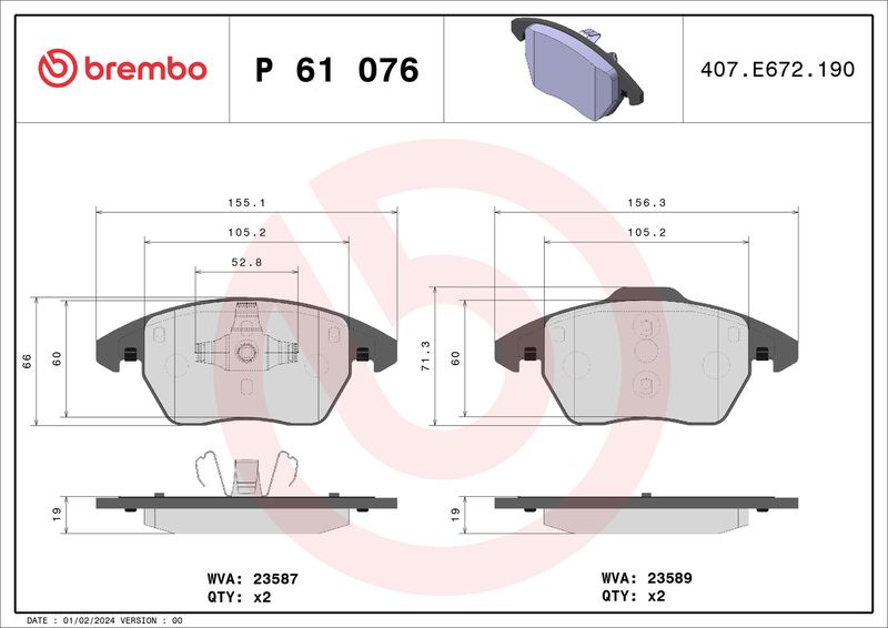 Комплект тормозных колодок, дисковый тормоз BREMBO P61076