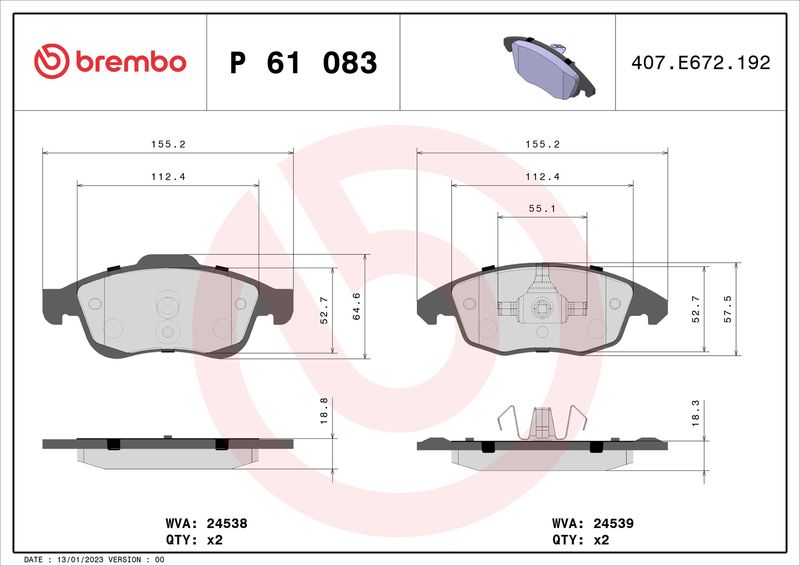 Комплект тормозных колодок, дисковый тормоз BREMBO P61083
