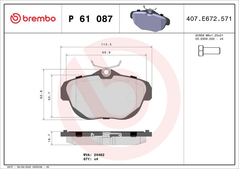Комплект тормозных колодок, дисковый тормоз BREMBO P61087
