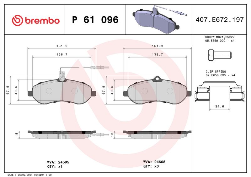 Комплект тормозных колодок, дисковый тормоз BREMBO P61096
