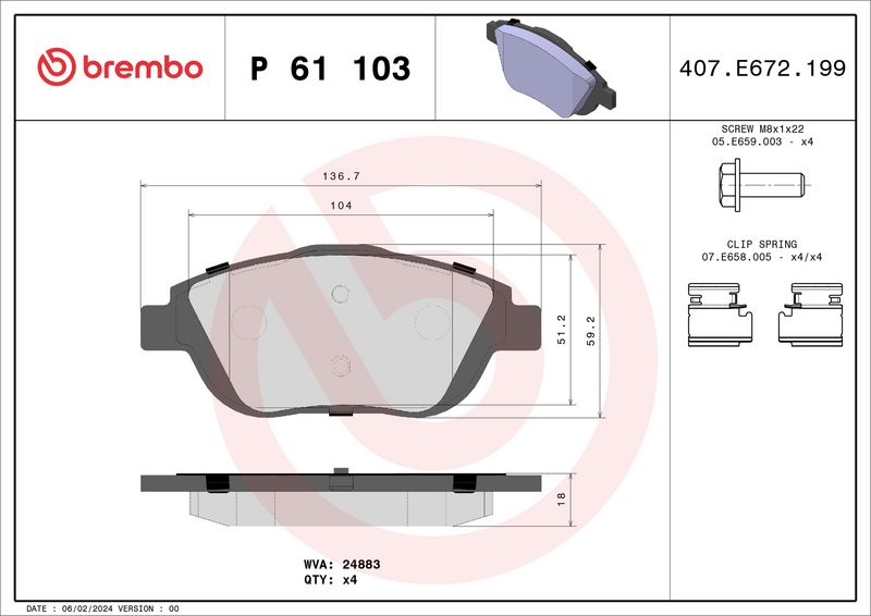 Комплект тормозных колодок, дисковый тормоз BREMBO P61103X
