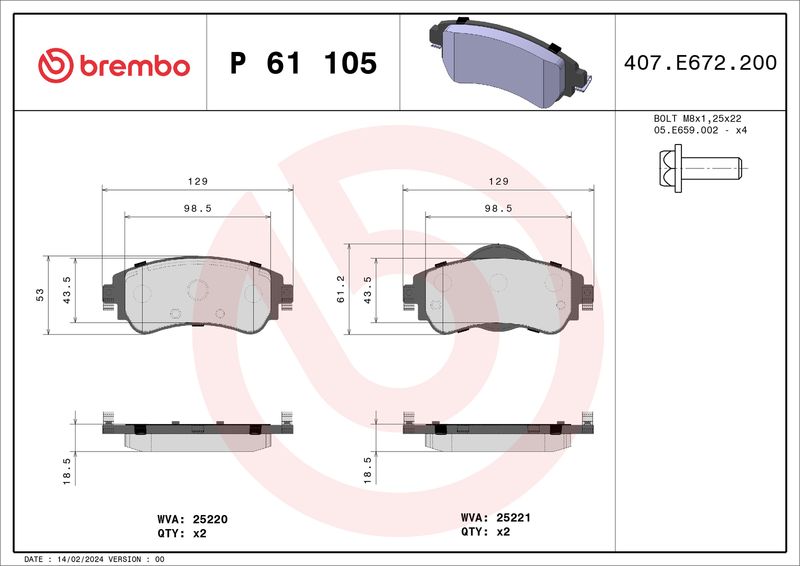Комплект тормозных колодок, дисковый тормоз BREMBO P61105