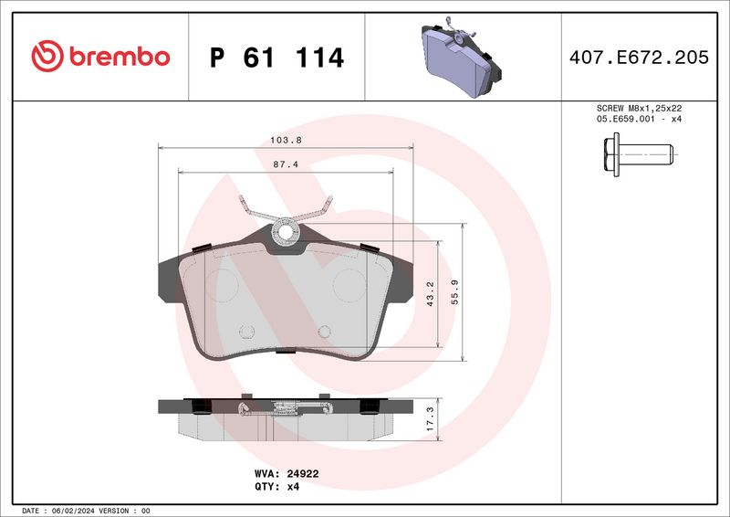 Комплект тормозных колодок, дисковый тормоз BREMBO P61114