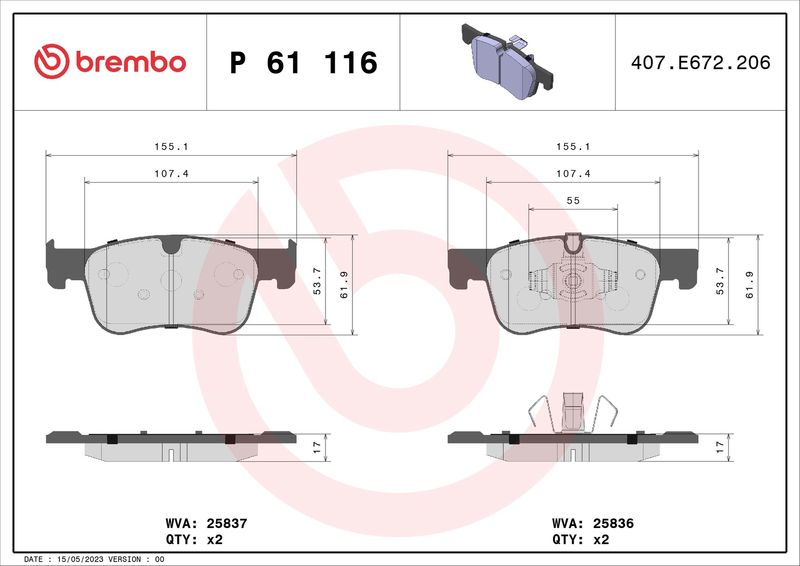Комплект тормозных колодок, дисковый тормоз BREMBO P61116