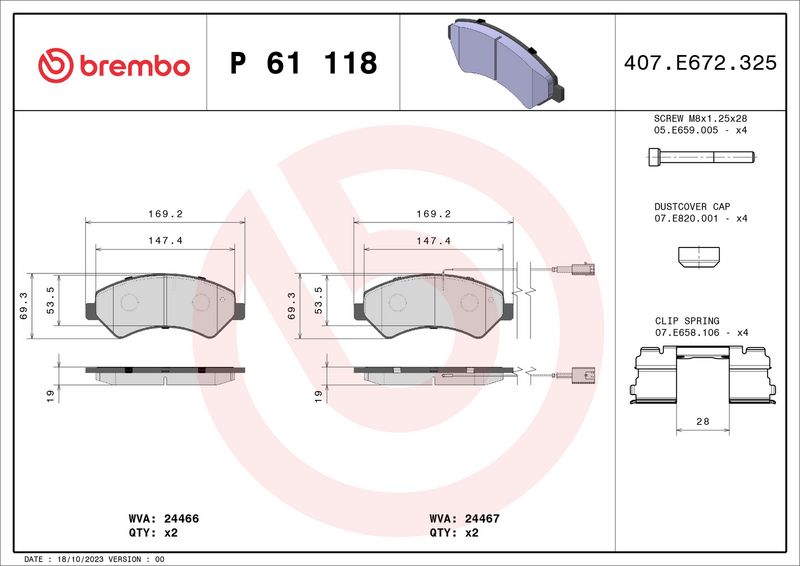 Комплект тормозных колодок, дисковый тормоз BREMBO P61118