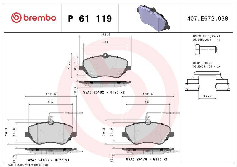 Комплект тормозных колодок, дисковый тормоз BREMBO P61119