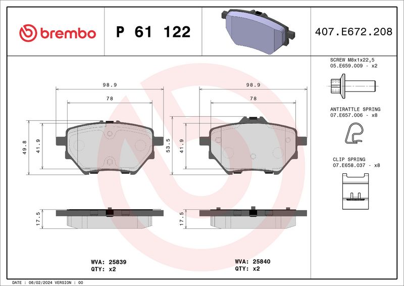 Комплект тормозных колодок, дисковый тормоз BREMBO P61122