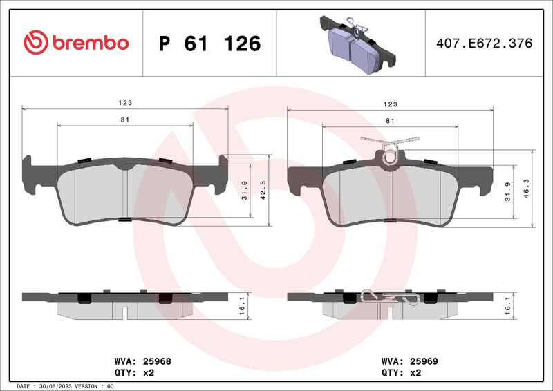 Комплект тормозных колодок, дисковый тормоз BREMBO P61126