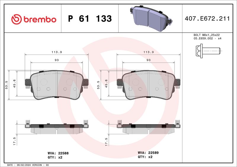 Комплект тормозных колодок, дисковый тормоз BREMBO P61133