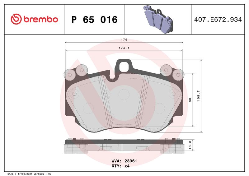 Комплект тормозных колодок, дисковый тормоз BREMBO P65016