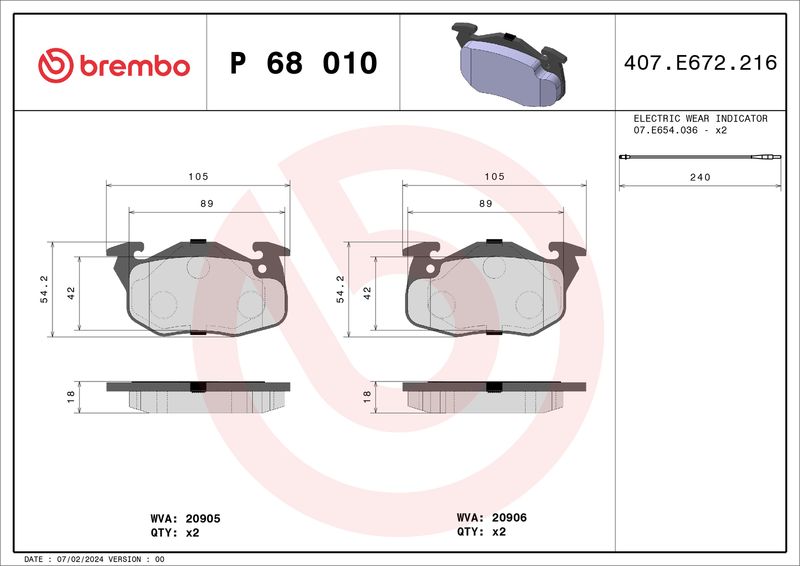 Комплект тормозных колодок, дисковый тормоз BREMBO P68010