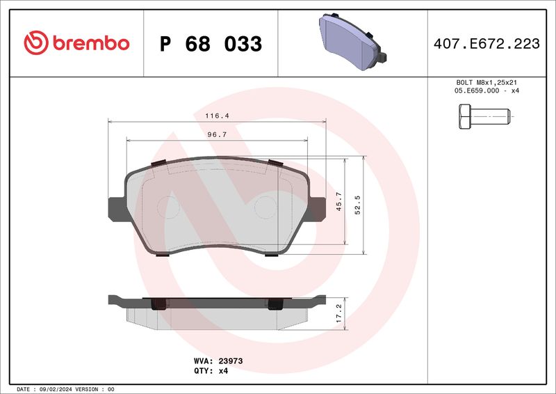 Комплект тормозных колодок, дисковый тормоз BREMBO P68033