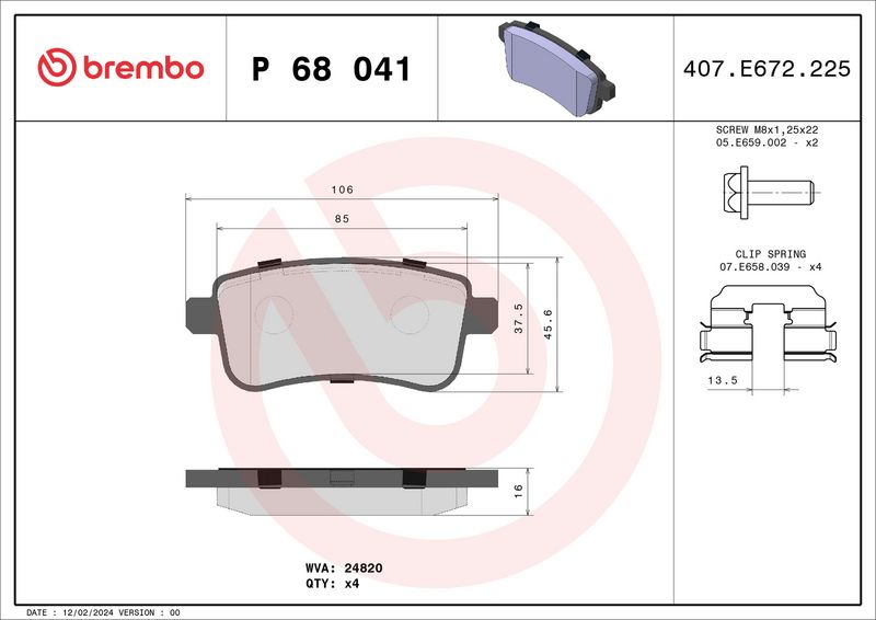 Комплект тормозных колодок, дисковый тормоз BREMBO P68041