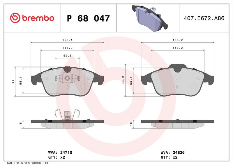 Комплект тормозных колодок, дисковый тормоз BREMBO P68047