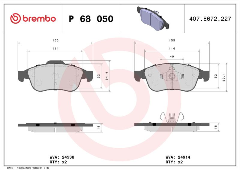 Комплект тормозных колодок, дисковый тормоз BREMBO P68050
