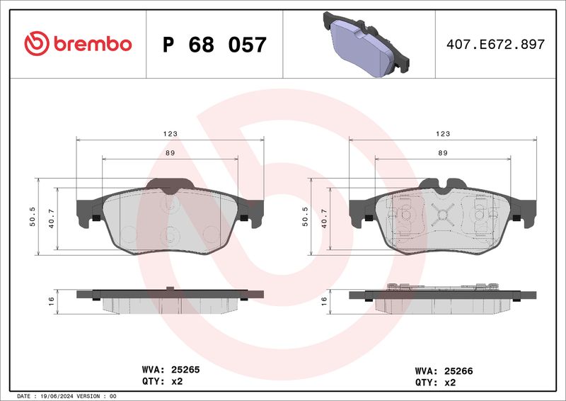 Комплект тормозных колодок, дисковый тормоз BREMBO P68057