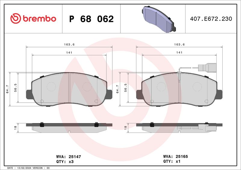 Комплект тормозных колодок, дисковый тормоз BREMBO P68062