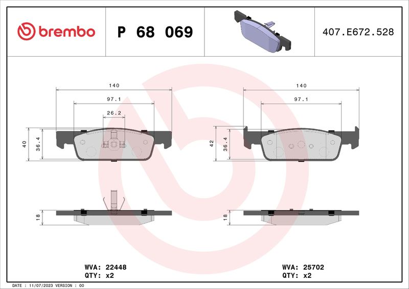 Комплект тормозных колодок, дисковый тормоз BREMBO P68069